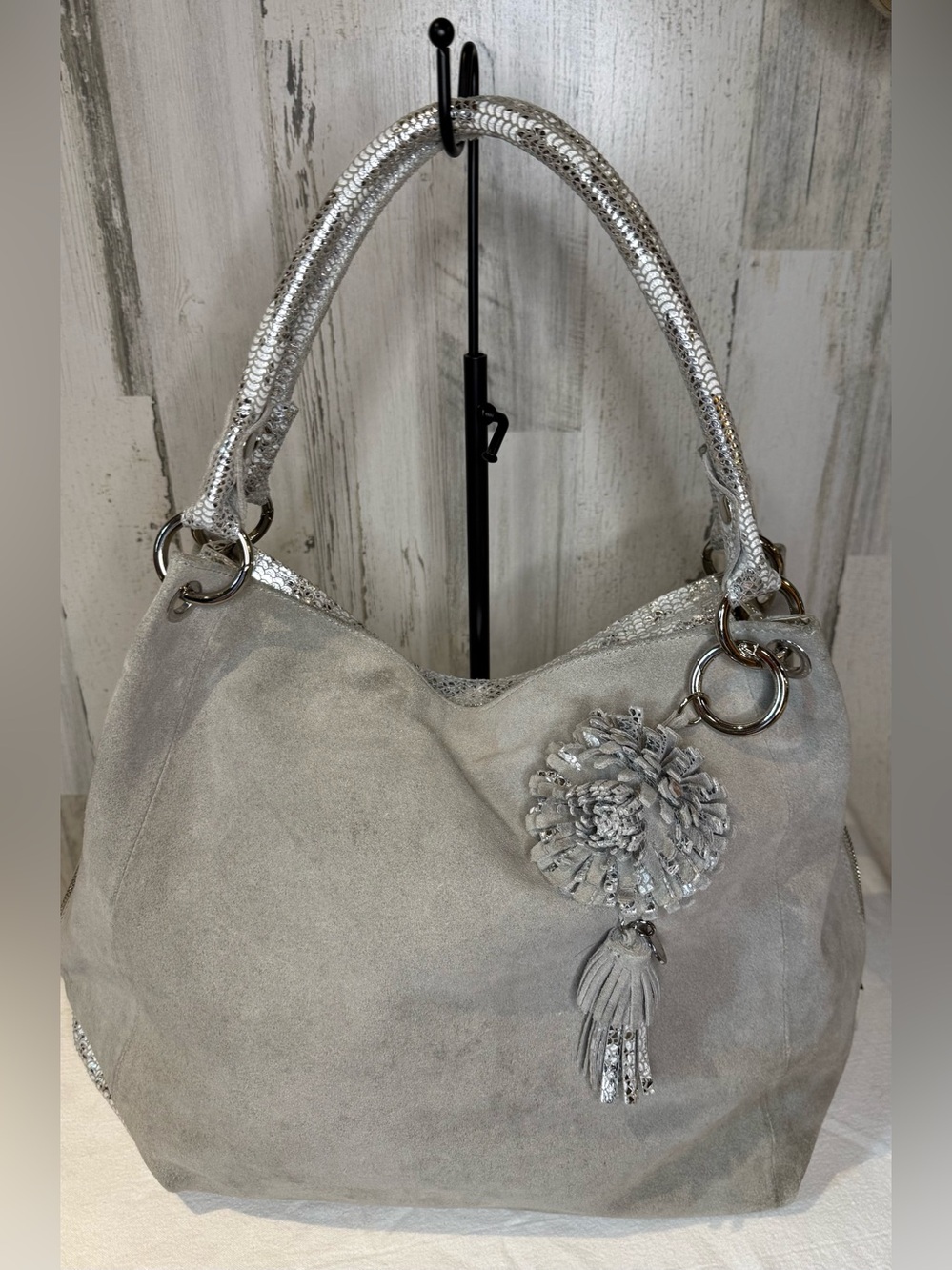 Celine Dion Gray Suede Shoulder Bag with Metallic Snake Trim Y2K